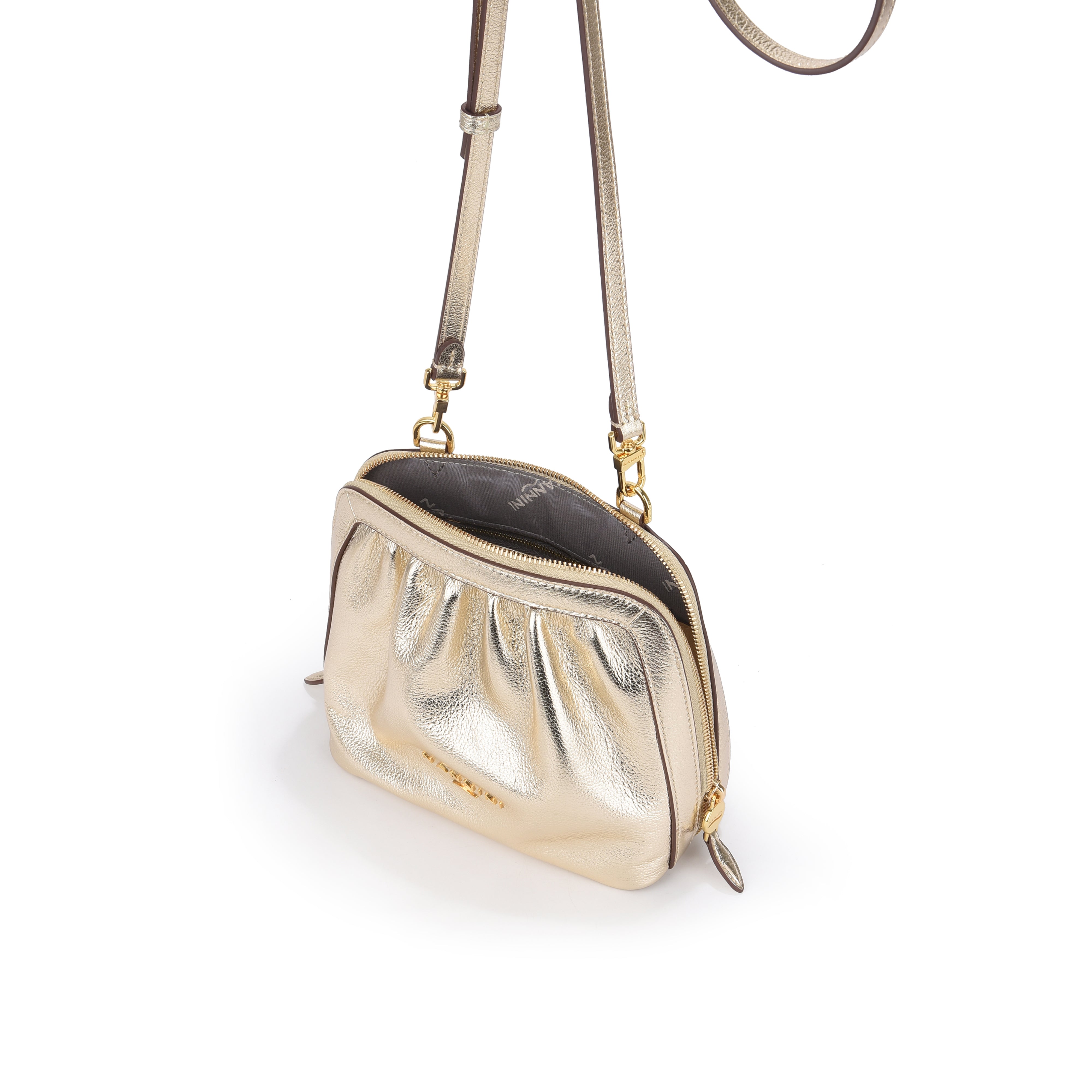 NANNINI borsa spalla donna pelle metallizzata oro manici catena